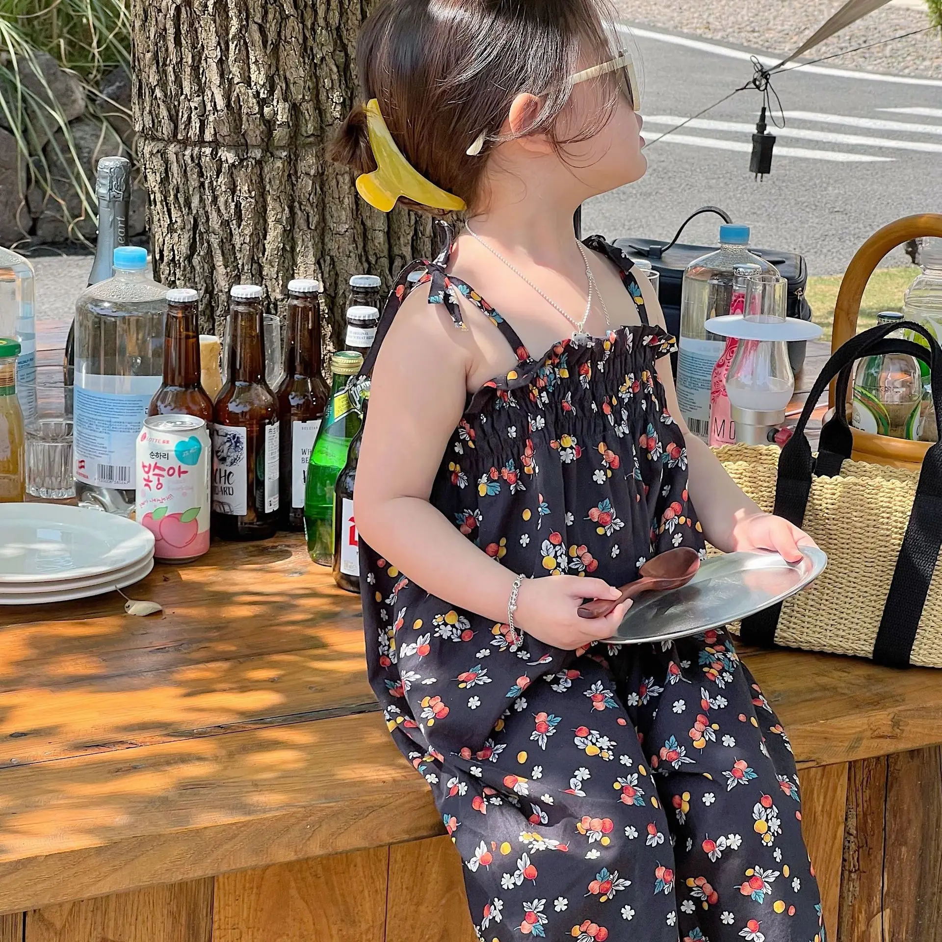 

Korean Children's Clothing 2022 Summer New Girls' Jumpsuits Printed Cotton Wide-Leg Casual Pants