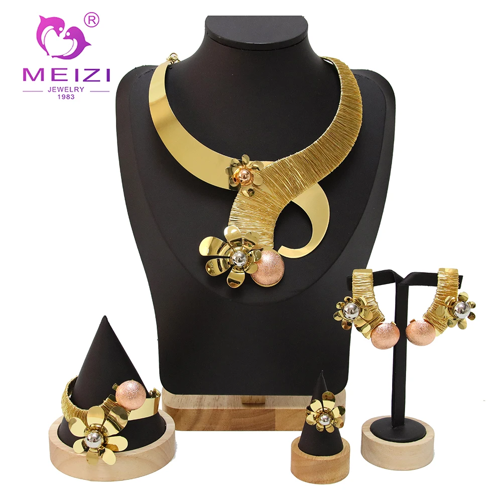 Dubai Gold Plate Floral Women's Jewelry Set Big Eardrop Fashion Earrings Necklace Simple Style Accessories Free Shipping Nigeria