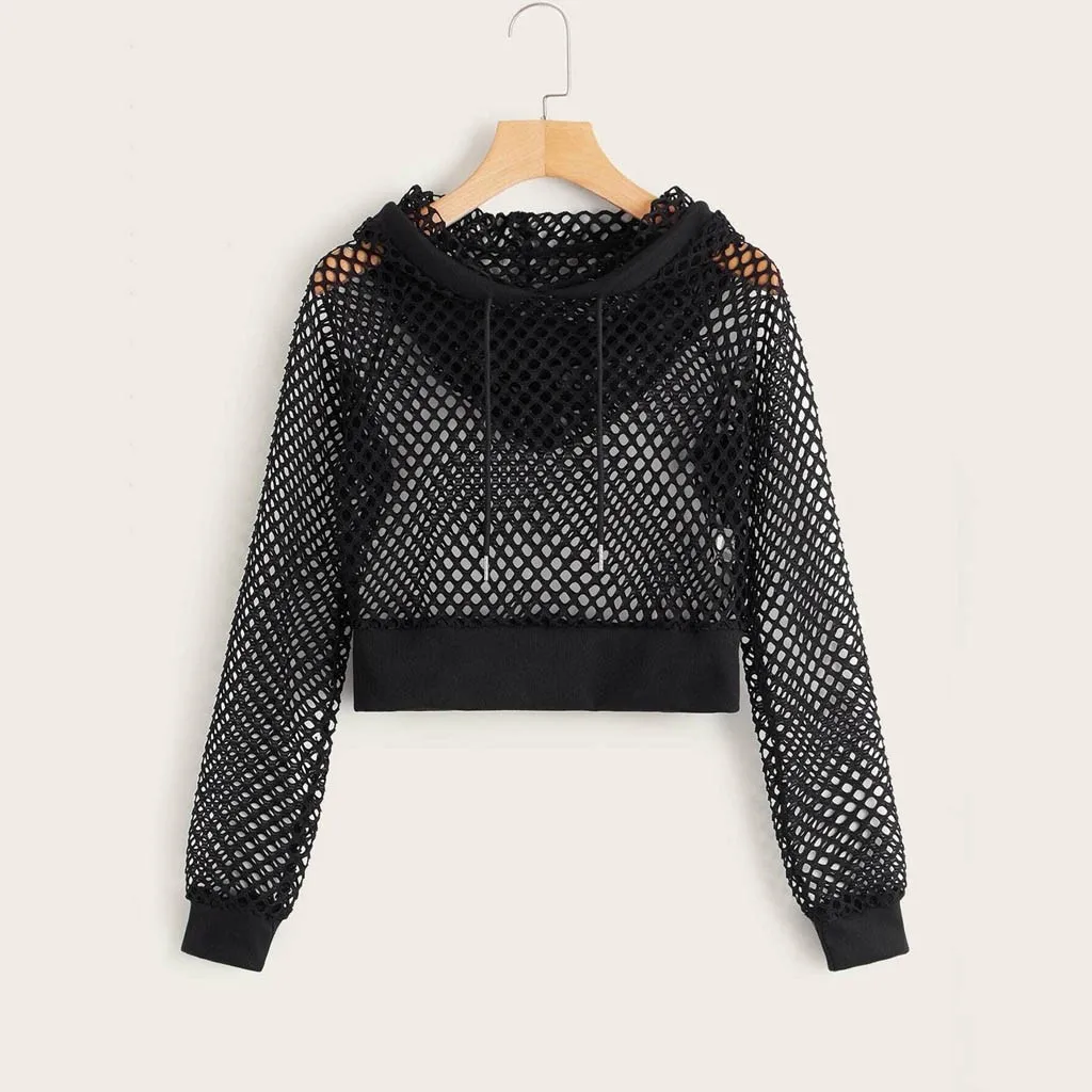 

Top Crop Cropped Mesh Long Hoodie Cutout Sweatshirt Insert Solid Women Sleeve Women's Blouse Zip up Hooded Sweatshirt Women