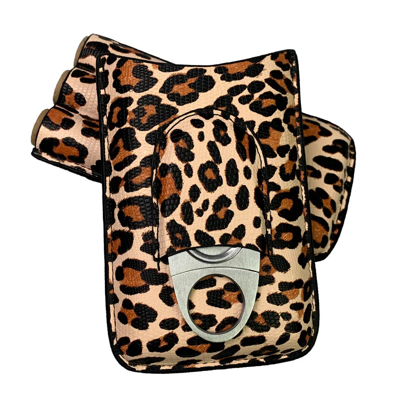 

Cigar Humidor Three-Finger Portable Cigar Leopard Print Material Leather Case With Silver Cigar Cutter