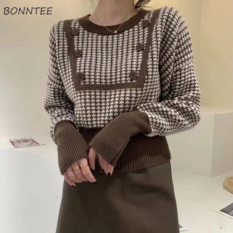

Pullovers Women Patchwork Loose Button Comfort Fashion Clothes New Design Cozy Warm Mujer Ulzzang Retro All-match Streetwear Ins