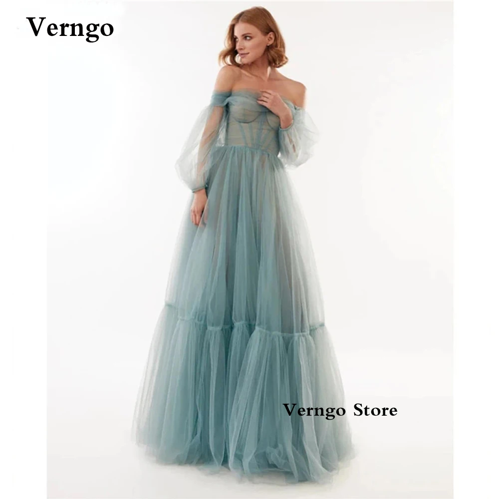 

Verngo Dusty Blue Tulle Puff Long Sleeves Prom Dresses Off Shoulder Sweetheart Corset Bow Back Blush Pink Evening Party Gowns