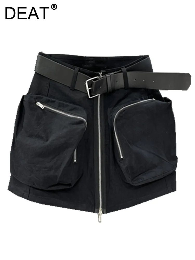 

DEAT Fashion Women's Skirt High Waist Big Pockets Belt Black Zipper A-line Mini Hip Wrap Skirts Summer 2023 New Tide 17A9829