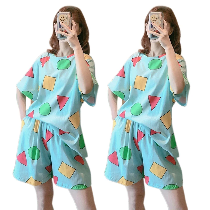 

2X Pajamas Short-Sleeved Korean Cartoon Fresh And Thin Home Service 2-Piece Blue XL