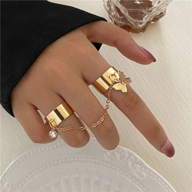 

Punk Butterfly Hiphop Rings Adjustable Open Chain Double Finger Rings Couple Alloy Rings Set for Women Punk Jewelry Party Gift