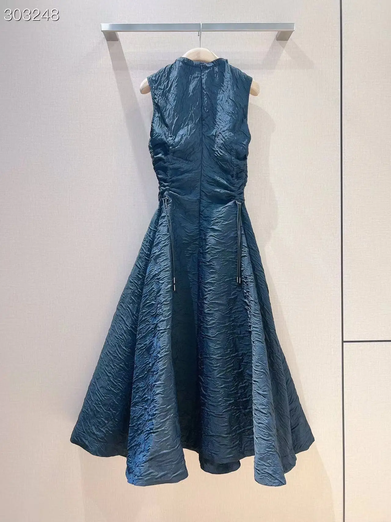 High Quality 2023 Summer Women Fashion Runway Midi Dress Jacquard Dark Blue Sleeveless Dresses
