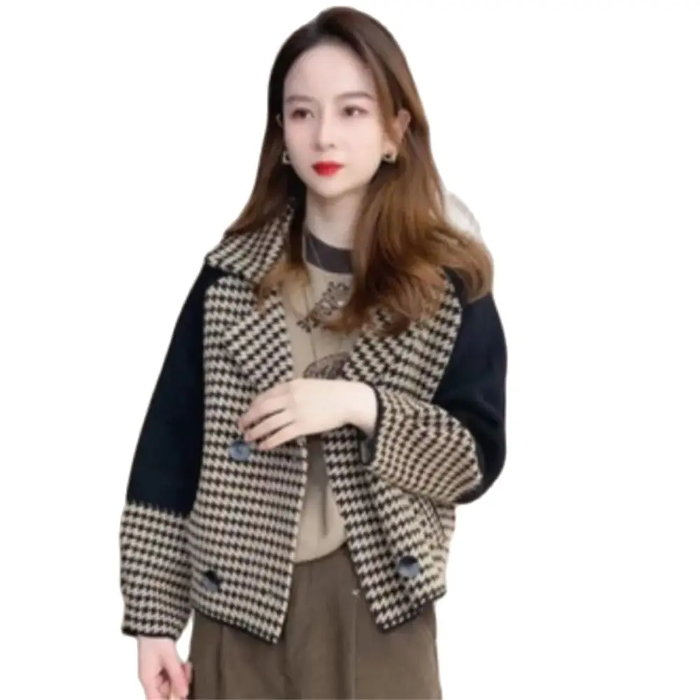 

Women Causal Houndstooth Knitted Jacket Loose Plaid Autumn Mink Fur Coat Winter New Versatile Loose Temperament Jacket Tops