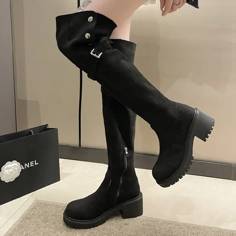 

Over The Knee Women Chelsea Long Boots Chunky Mid Heels Winter Suede Shoes 2024 Designer New Gladiator Punk Pumps Mujer Zapatos