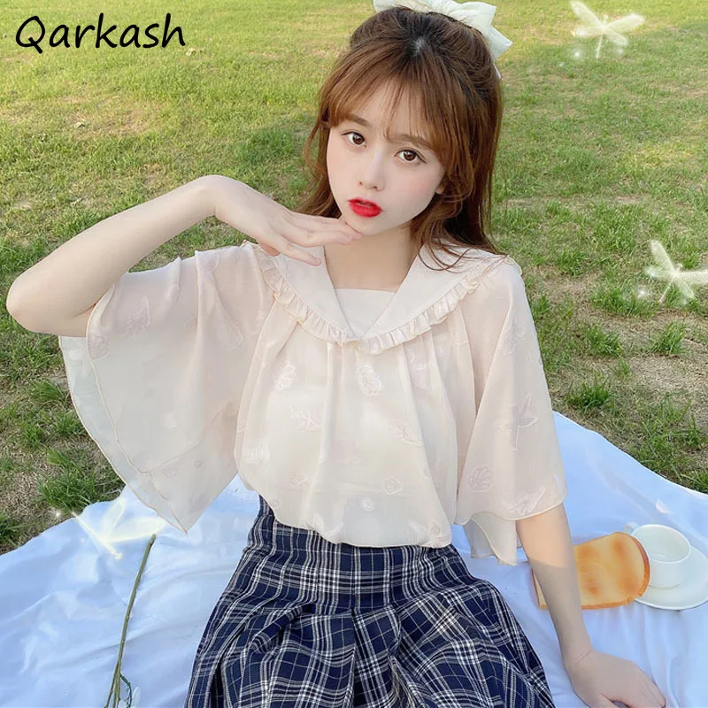 

Ruffles Peter Pan Collar Blouses Women Chiffon Summer Tops Fashion Elegant Korean Sweet Lovely Females College Mujer Vintage New