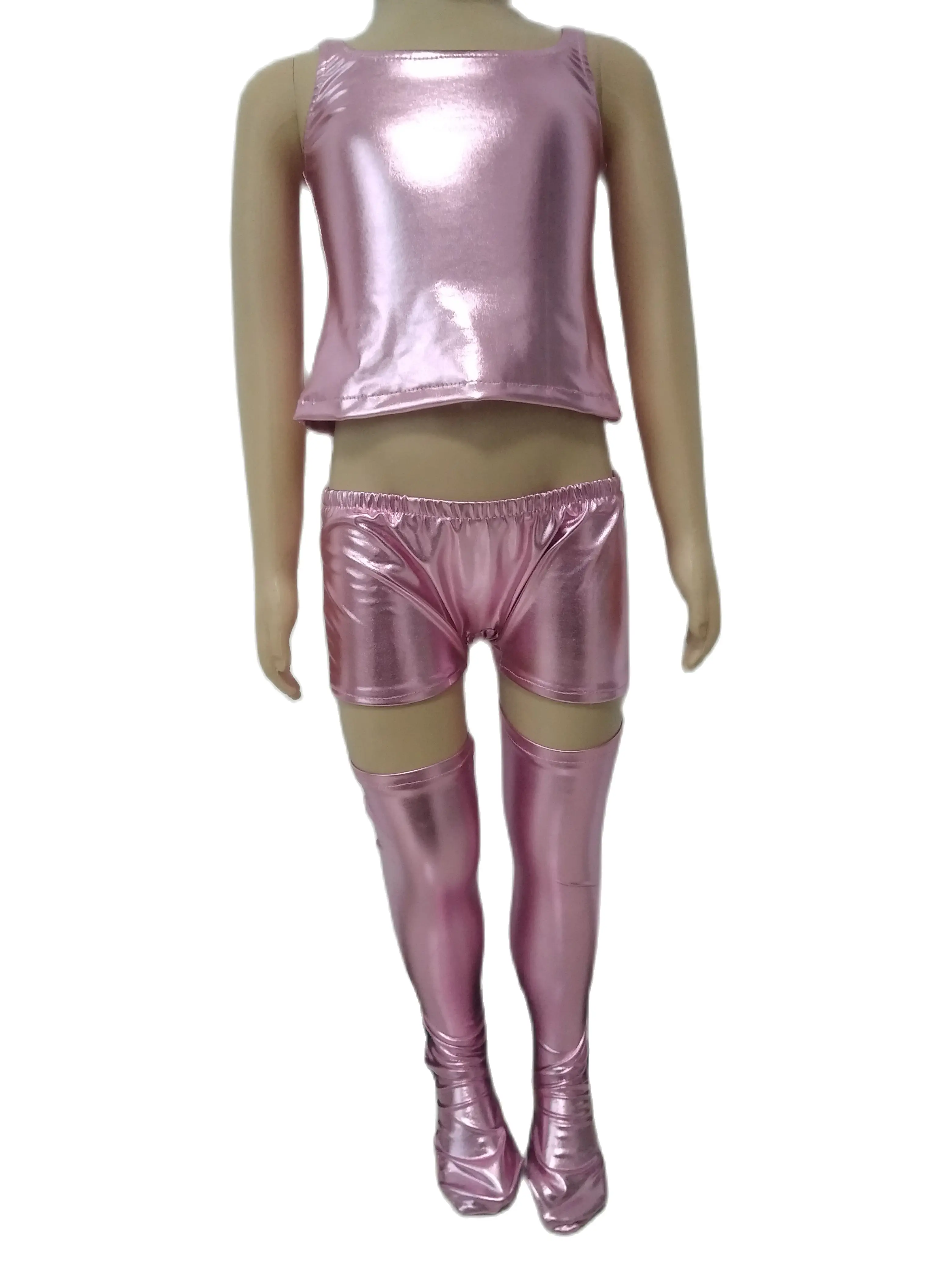 Сексуальный костюм для девочек из трех предметов Блестящий металлический