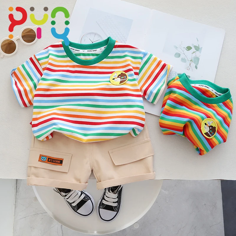 PYQ Baby Clothes Cotton 2023 New Fashion Summer Baby Boy Clothes For Kids Short Sleeve Stripe T-shirt+Shorts Casual Sets 0-5Year