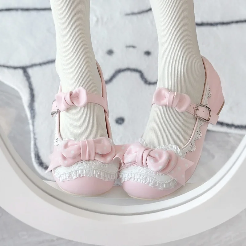 Фото Японские женские туфли в стиле Sweet Lolita, конфетных цветов, с бантом, на низком каблуке, с круглым носком, милые, из натуральной кожи, для девочек №5