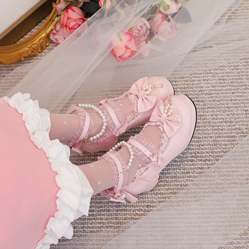 Women's Cute Lolita Shoes with Bow Bead Lace Perfect for Cosplay and Everyday Wear by Girls Who Adore Princess and Maid Costumes