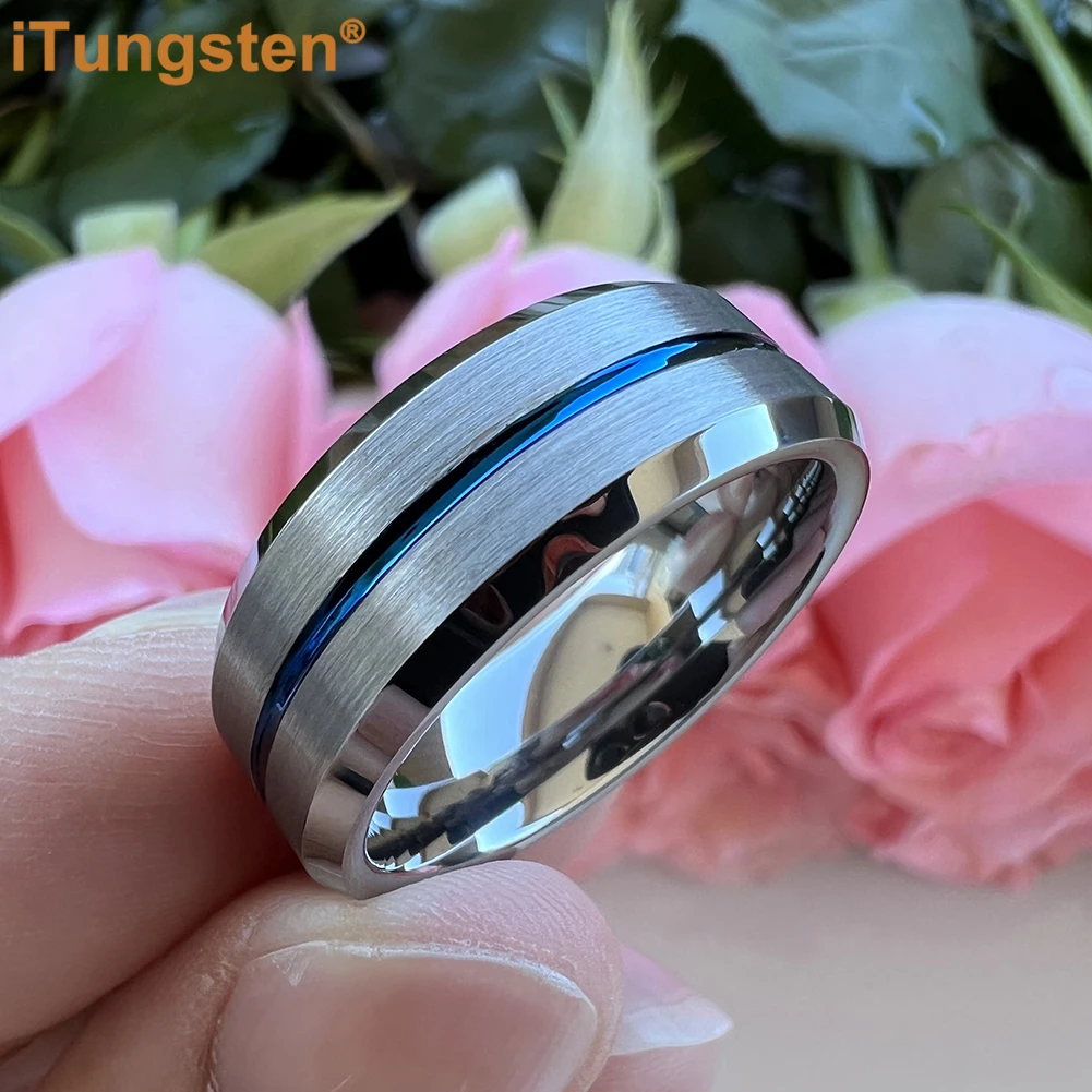 iTungsten 8mm Shiny Forever Ring Tungsten Wedding Band For Men Women Beveled Grooved Polished Finish Comfort Fit