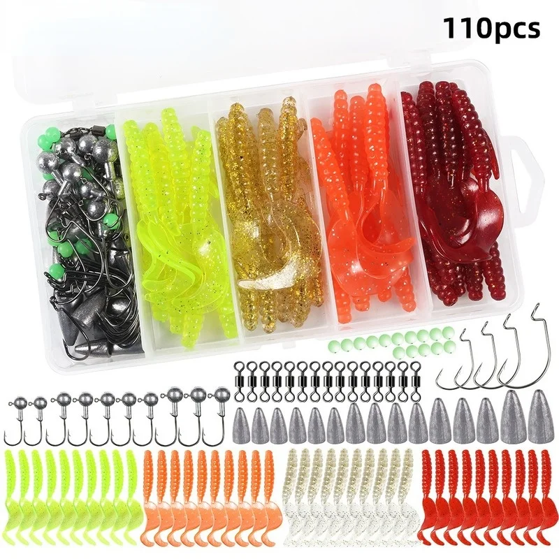 

110 Pieces of Soft Bait Fishing Tackle Set Lead Head Hook Fresh Sea Water Fake Bait Lead Sinker Swivel Crank Hook Fishing Tool