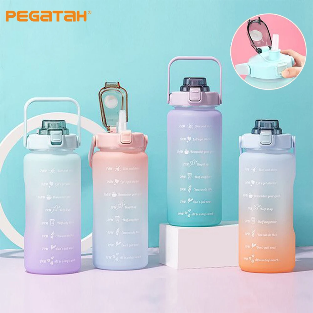 

Бутылка для воды объемом 2 л с соломинкой, пластиковые чашки для воды градиентного цвета, высококачественный чайник для питья, Спортивная ул...