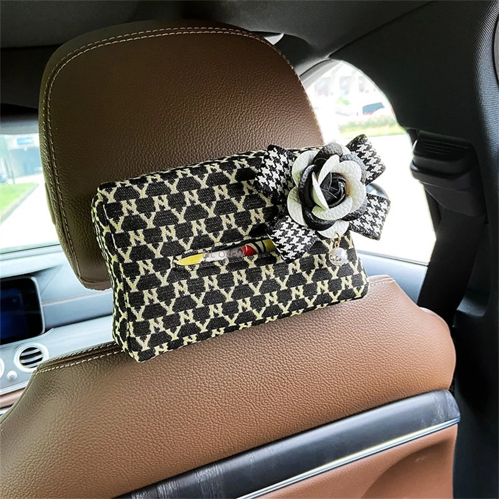 

Elastic Belt Lovable Houndstooth Tissue Box Durable Hanging Drawer Practical Tissue Bag Car Accessories Cute Decoration Simple