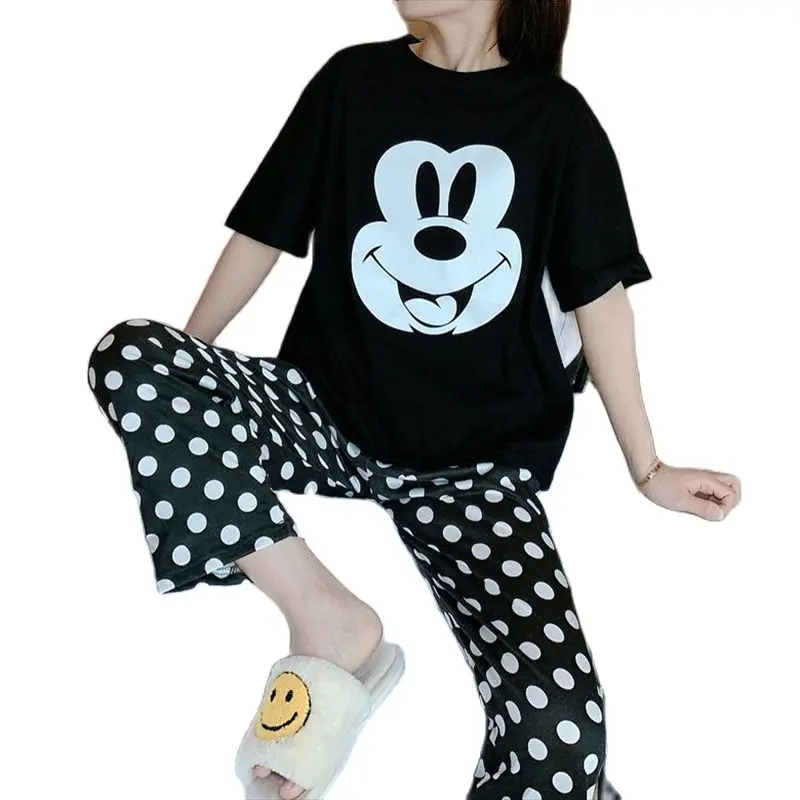 Disney Casual Mickey Pajamas Set Woman Short Sleeve Black Tops and Polka Dot Pants Fashion Homewear Women Set Summer 2022 New