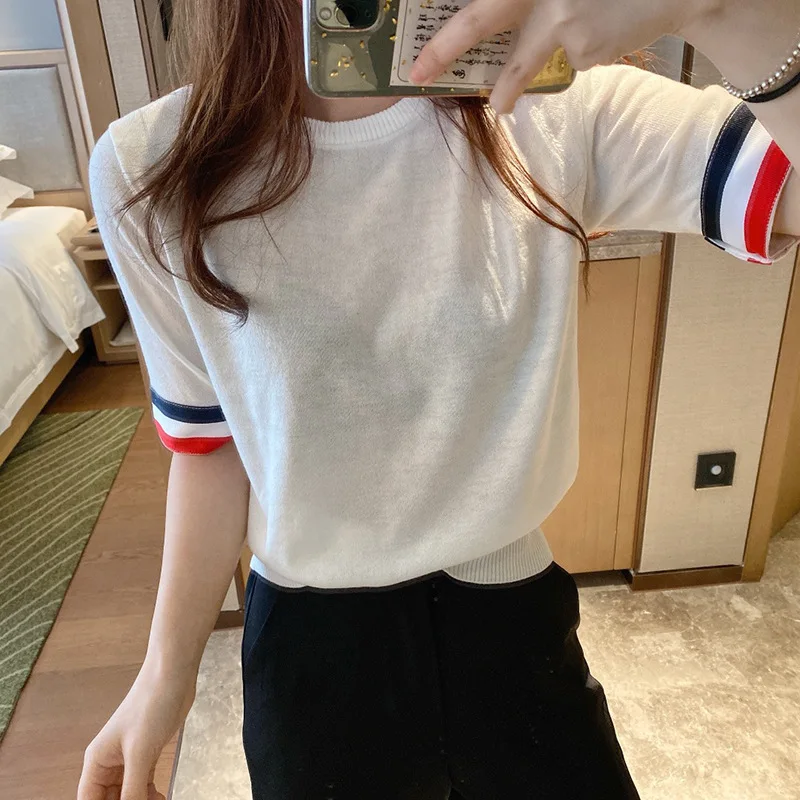 

2023TB Summer New Colored Bar Cuff Ribbon Wool TB Short Sleeve Women's Slim Fit Fashion Casual Round Neck T-shirt