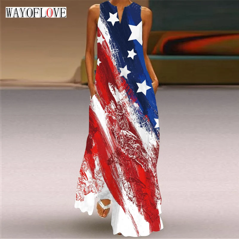 

WAYOFLOVE Ladies Spring Summer Long Dress Sleeveless V-neck Star Printed Beach Maxi Dresses Party Elegant Casual Dress For Women