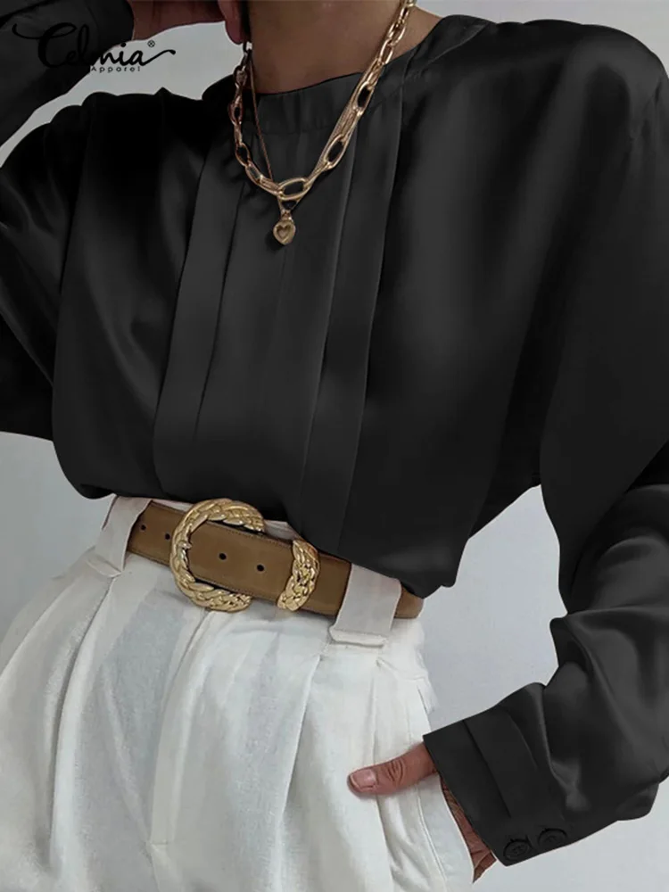 

Celmia O-neck Women Blusas Fashion Pleated Tunic Tops All-match Office Lady Blouses Satin Silky Long Sleeve Casual Chemise Femme