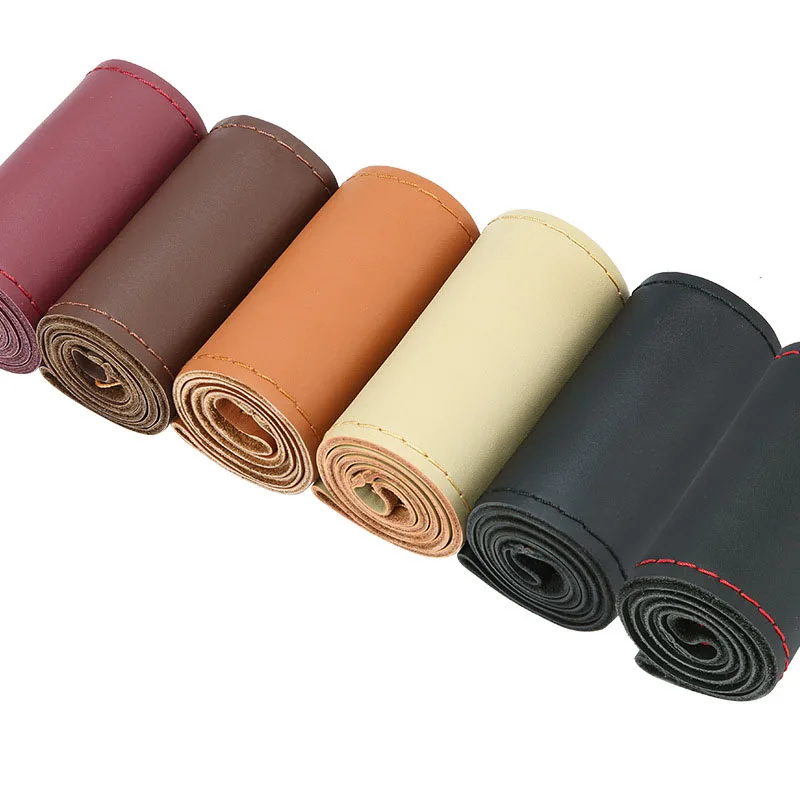 

38cm Glossy Top Layer Leather Genuine Leather Steering Wheel Cover with Needles and Thread DIY Hand Sewing Braid Case
