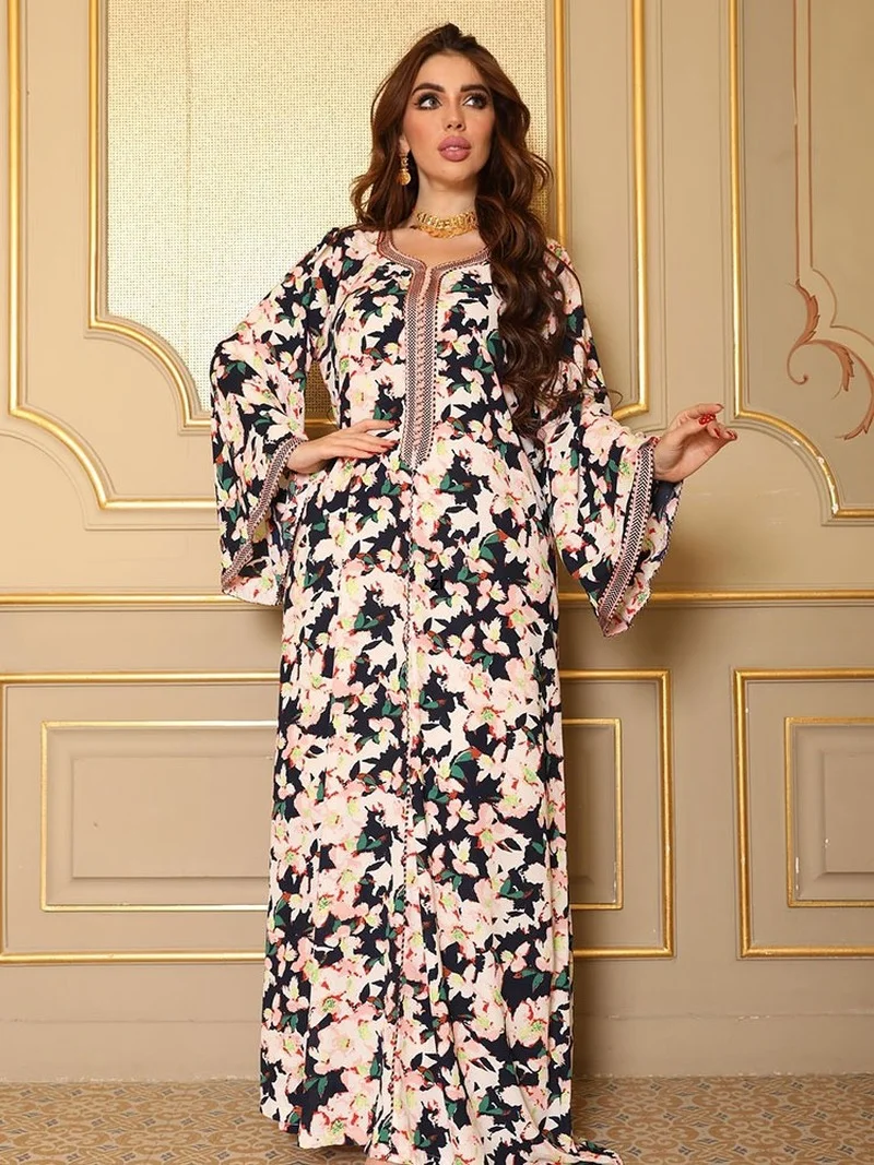 

Рамадан ИД цветочный принт Jalabiya арабское длинное платье для женщин свободный мусульманский хиджаб халат с узором Дубай марокканской ФИФА о...