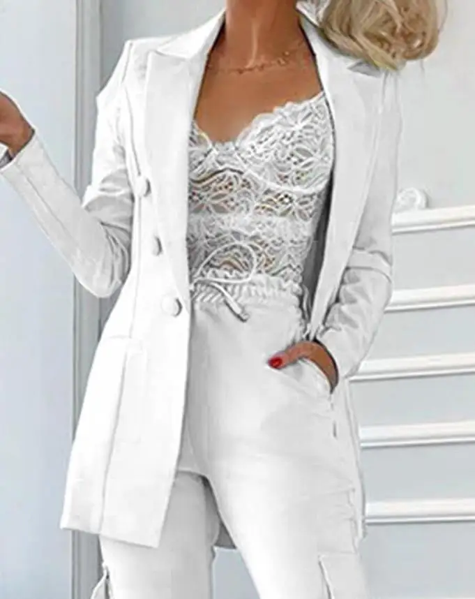 Spring New Women's Two-Piece Fashion Solid Button Blazer Jacket and Pocket Design Pants Suit Casual Office Summer Women's Suit