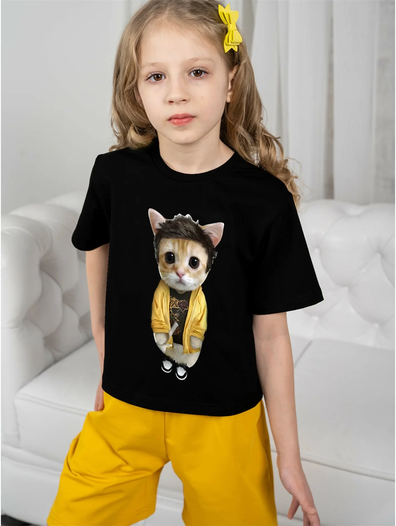 Черная Футболка С Абстрактным Котом В Стиле Хип-хоп Для Девочек Детский Летний