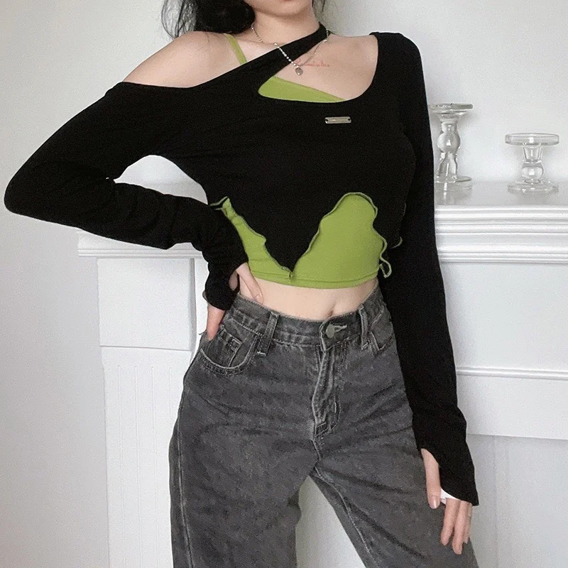 

2023 summer ladies irregular sloping shoulder short T-shirt Slim revealing sweet cool short-sleeved tops female summer ins trend