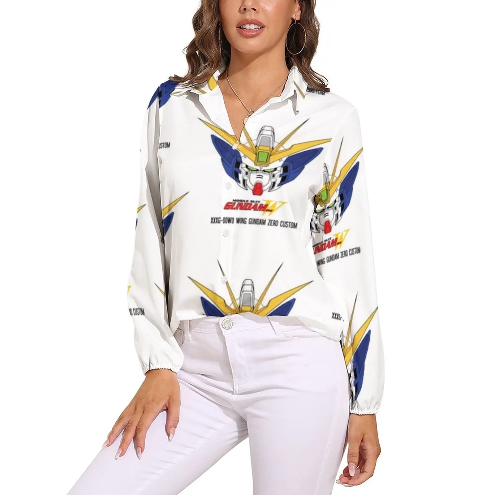 

Gundam Blouse Anime Long Sleeve Lady Retro Shirt Social Korean Style Top Shirts