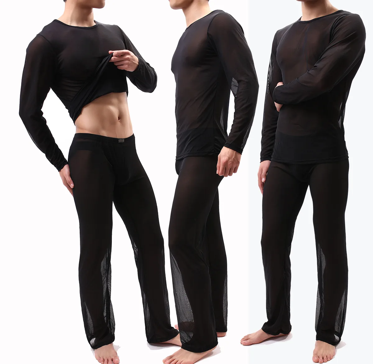 Mens See Through Pajamas Set Sexy Mesh Sheer Muscle T Shirt Lounge Pants Underwear Sleepwear Clubwear