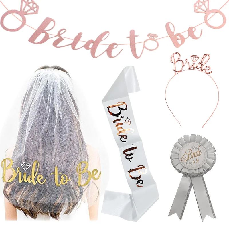 

Bachelorette Party Decorations Set Team Bride To Be Veil Satin Sash Badge Hair Band Bridal Shower Headband Banner Party Supplies