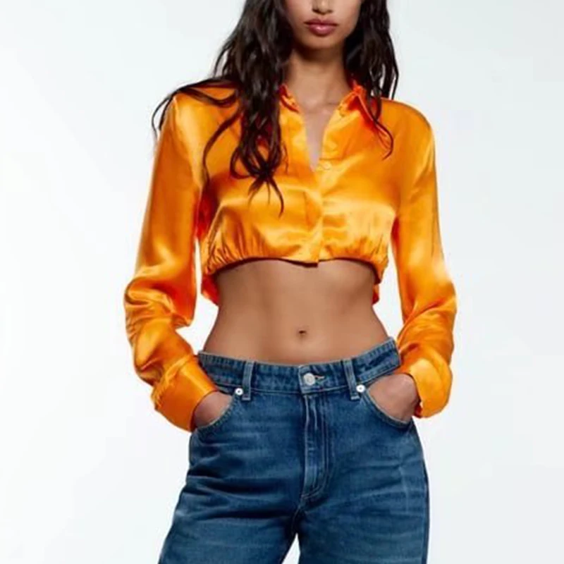 

Spring 2022 Women Orange Satin Turn-down Collar Shirt Long Sleeve All-Match Blouse Female Cropped Tops HH6536