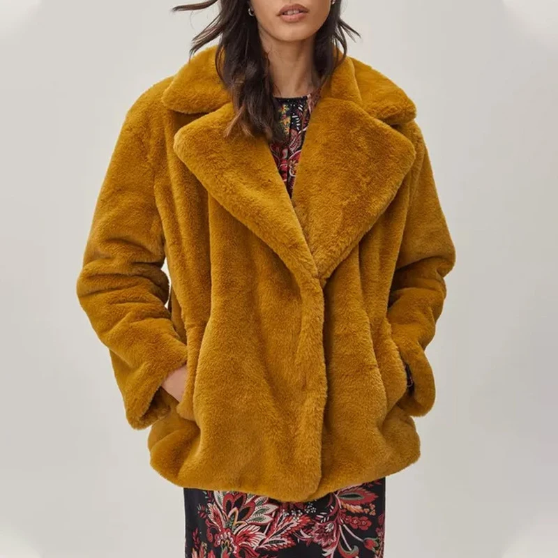 

2022 Fall Winter Thick Warm Women Faux Fur Jacket Turn Down Collar Pockets Caramel Rabbit Fur Coat Female Thickened Outerwear