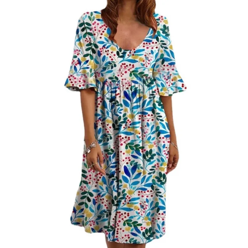 

Bohemian Casual V-neck Floral Dress Women High Waist Wrap Summer Vintage Midi Dress Loose Frill Sleeve Beach Dresses Vestidos