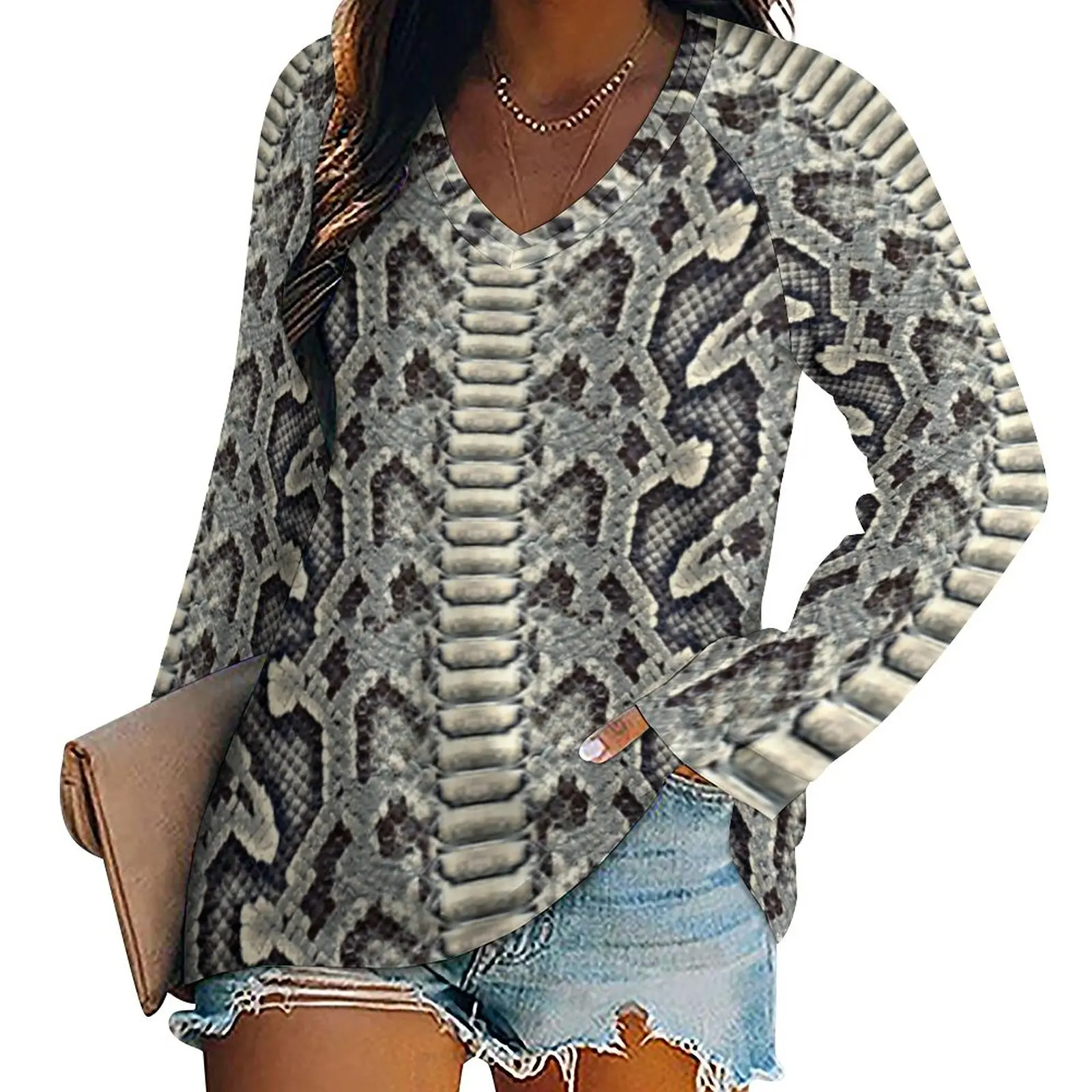 

И серые футболки из змеиной кожи, Винтажная футболка с принтом в виде змеиной чешуи, женская уличная одежда с длинным рукавом, футболка овер...