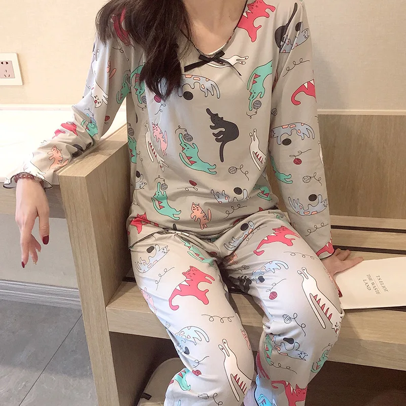 Autumn New Women's Pajamas Thin Milk Silk Long Sleeve Bowknot Princess Style Cartoon Cute Girl Homewear