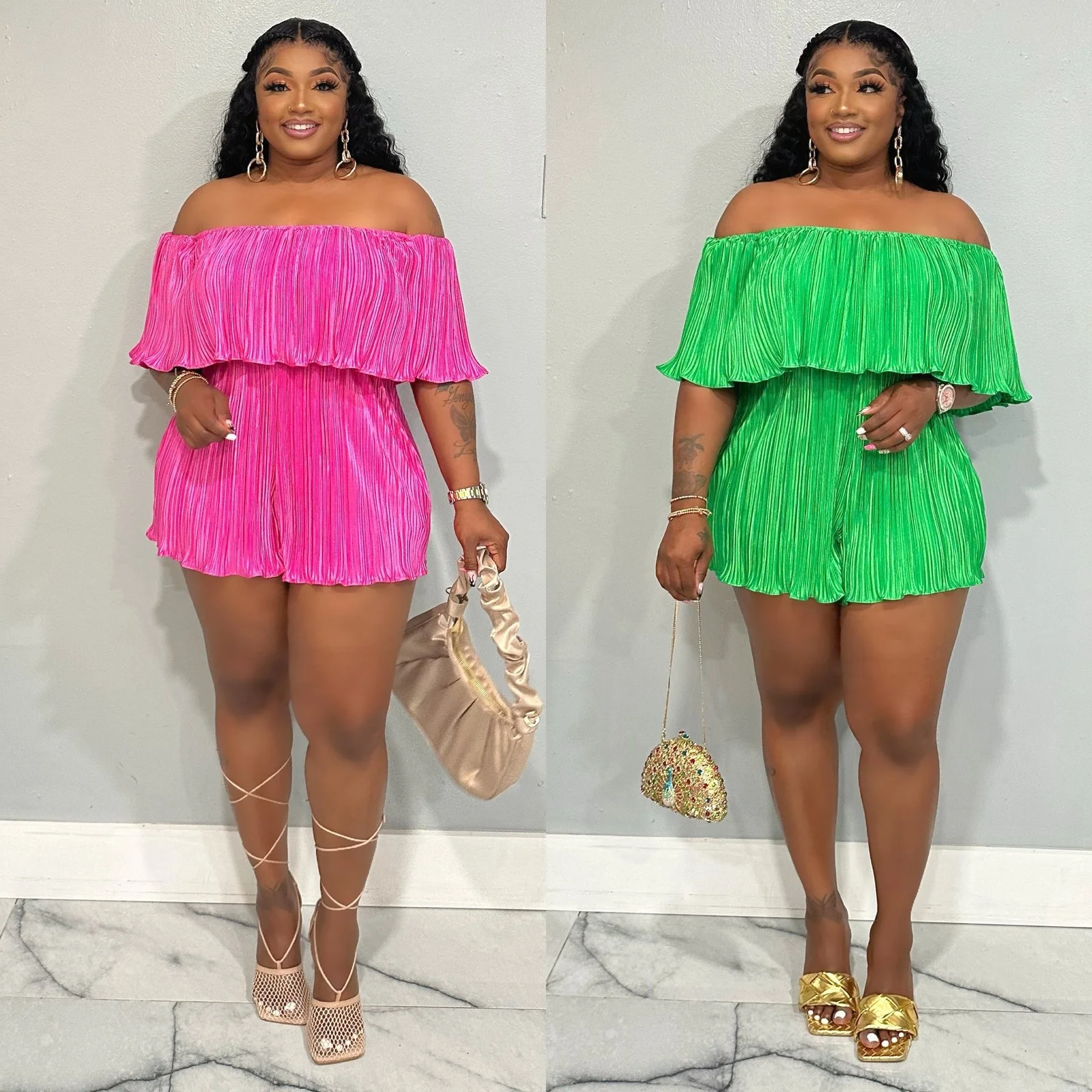 Plus Size Overalls 2023 New Comfor Sexy Off Shoulder Pleated Jumpsuit And High Waisted Short Sleeves One-shoulder Women's Pants