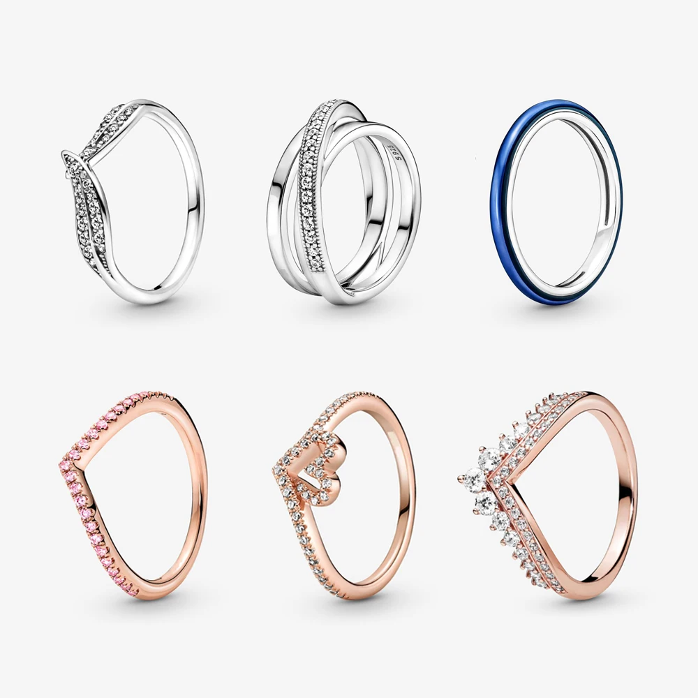 925 Sterling Silver Rings For Women Original Tiara Heart Wishbone Engagement Rose Gold Wedding Stacking Ring Crystals Jewelry