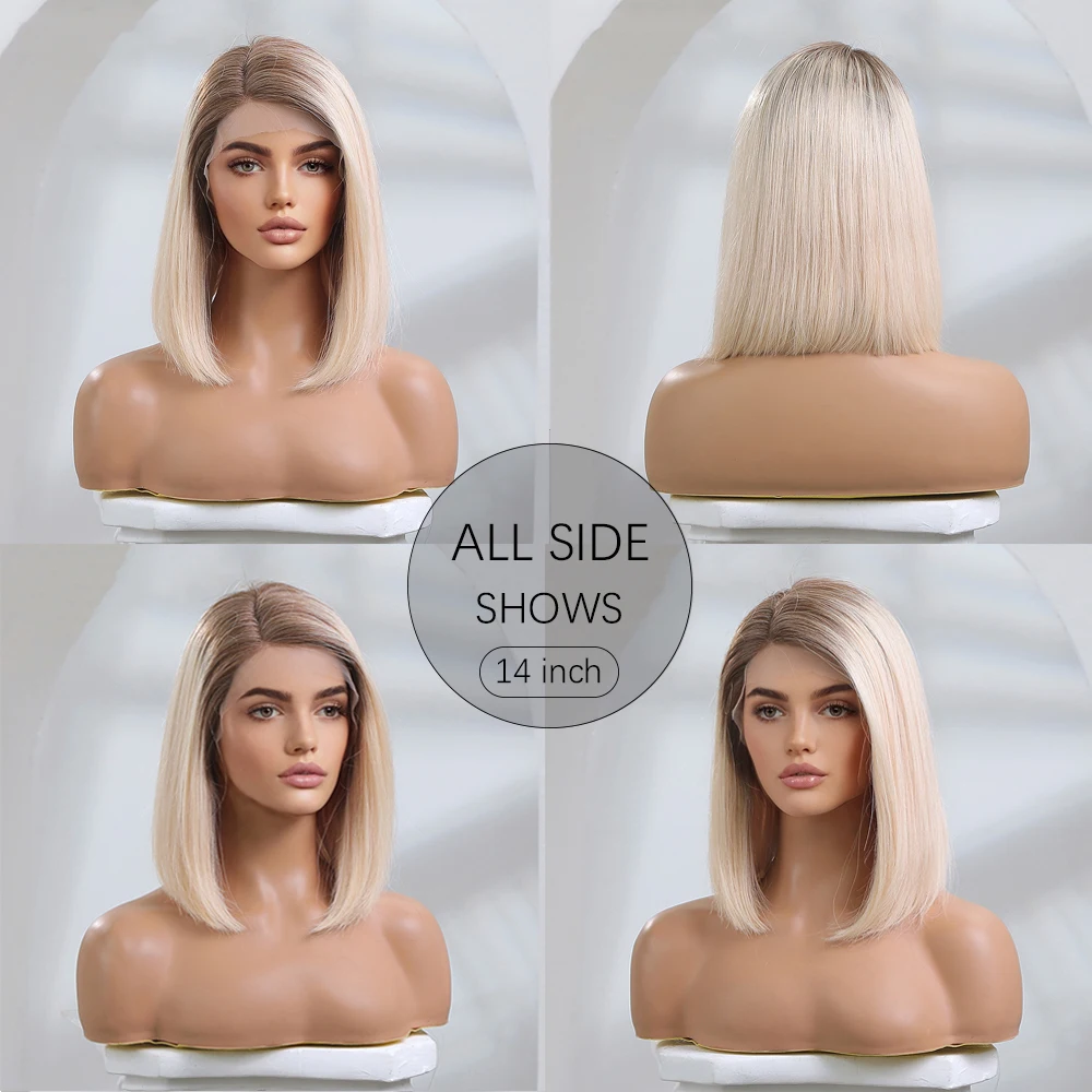HAIRCUBE 13×5×1Lace Front Human Hair Wig Ombre Platinum Blonde Shoulder Length Bob Wigs for Women Side Parted Straight Remy Hair