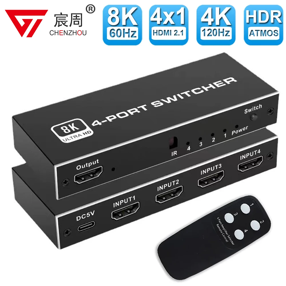 Фото Переключатель 4 в 1 HDMI 2,1, 8K @ 60 Гц, 4x1, переключатель 4 в 1, дистанционный переключатель 4 в 1, 4K @ 120 Гц HDR10 + для переключателя на ноутбук, ПК, PS5, XBOX, Apple TV №1