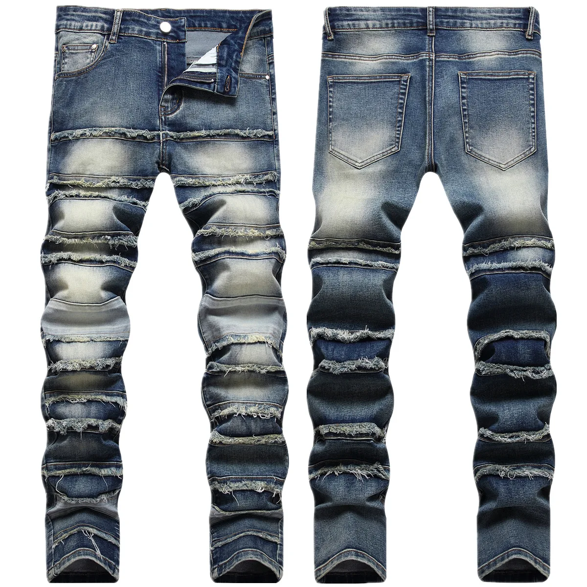 2022 New Hip Hop Style Fashion Men's Jeans Classic Blue Nostalgic Patchwork Slim Pants Casual Party Premium Pantalones De Hombre