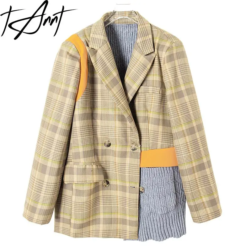 

Tannt Women Blazer Knitting Patchwork Grid Double Breasted Jacket Blazers Asymmetry Color Matching Blazers Coats Women 2023 New