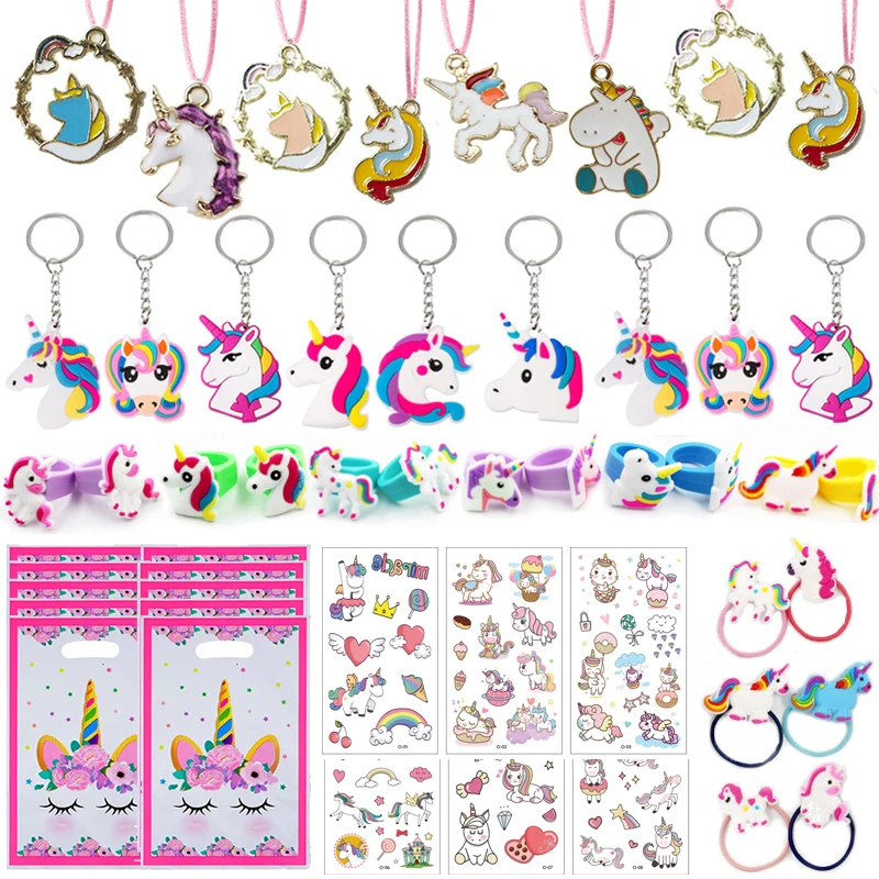 72pcs Unicorn Party Favors Pinata Filler Kids Birthday Gifts Unicorn Necklace Bracelet Ring Keychain Stickers Christmas Supplies