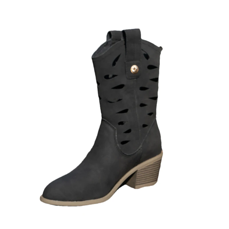 Женские кожаные полые зимние ботинки на среднем каблуке туфли до середины икры