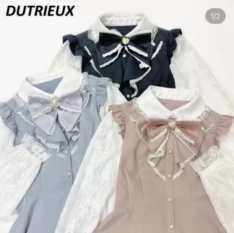 Фото Japanese Lolita Sc Suit Long-sleeved Bow Tops Lace Splicing Slimming Shirt and Leggings Shorts Sweet Cute Girls Two Piece Set №4