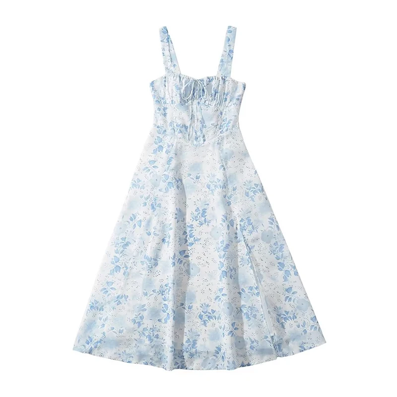 

Summer 2023 Women Floral Print A-line Midi Chiffon Sling Dress French Style Robe
