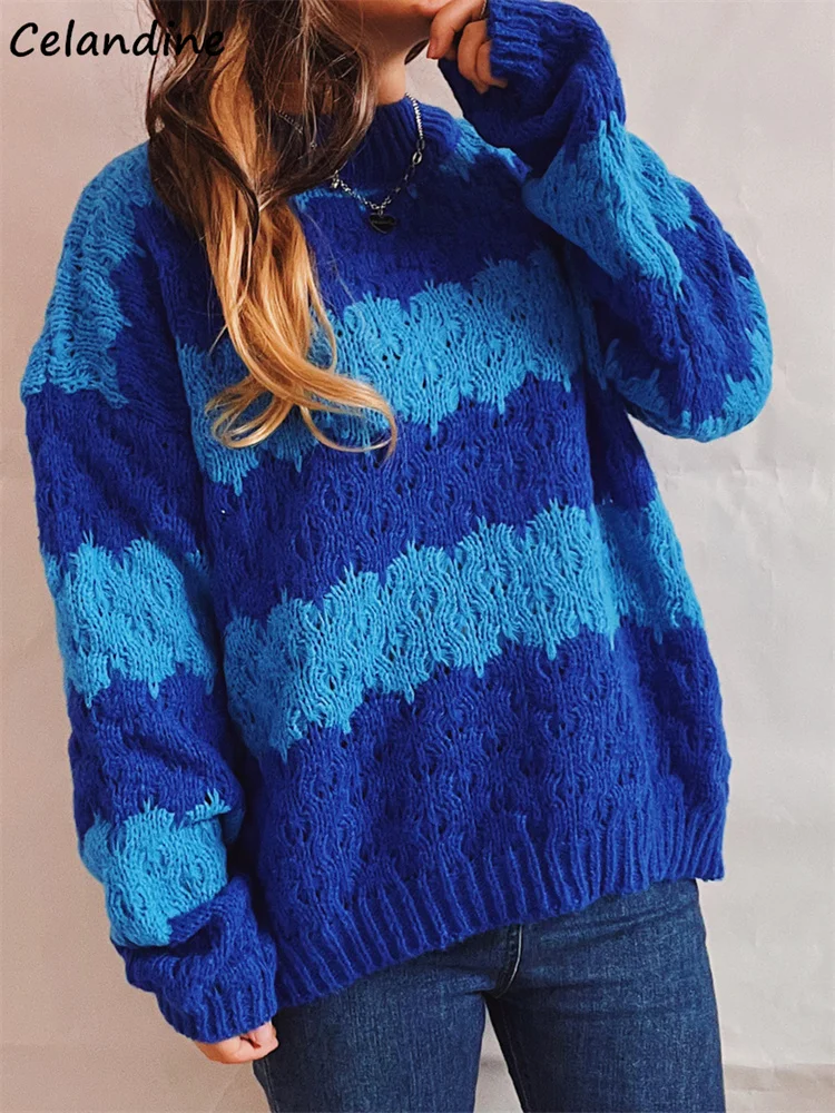 

Модные свитеры Celandine, Женский пуловер, зимние Джемперы в синюю полоску, Свободный пуловер в Корейском стиле, вязаный Повседневный свитер
