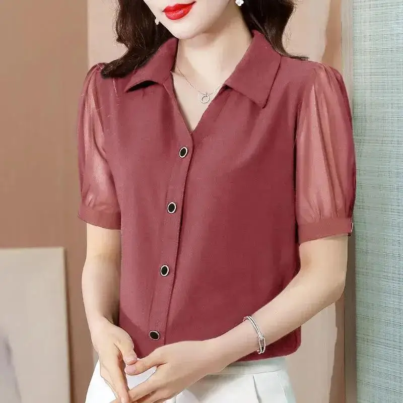 2023 Summer POLO Collar Women's Clothing Solid Color Single Breasted Net Yarn Patchwork Tops Women Elegant Fashion Chiffon Shirt